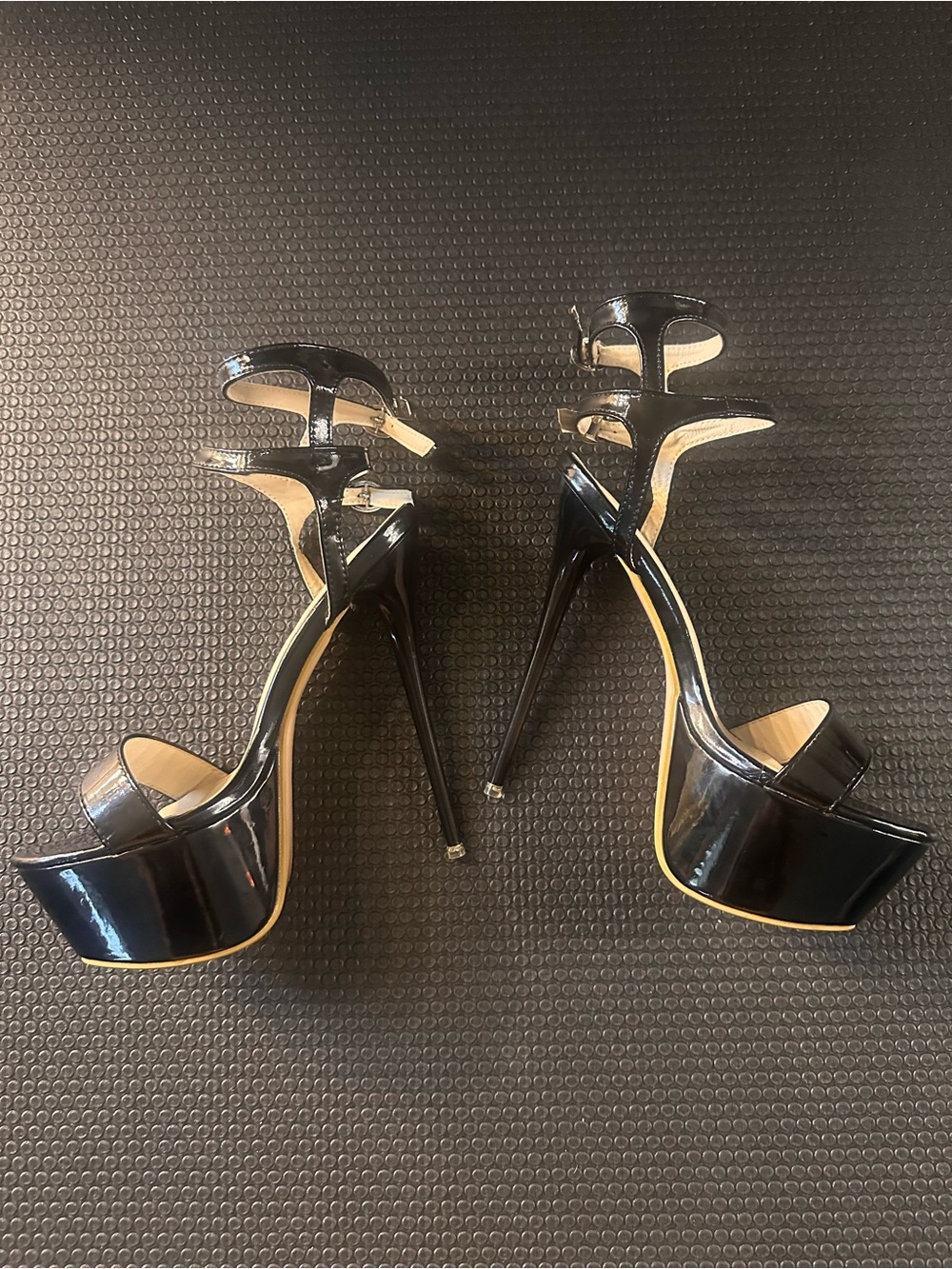 Black Patent Platform Stiletto Heels with Ankle Straps